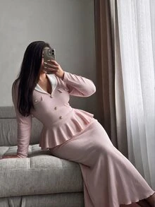 Modelyn Plus Contrast Shawl Collar Peplum Top & Flare Skirt Set - Pink - View 6
