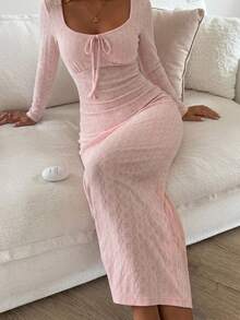 DAZY Floral Print Fitted Square Neck Long Sleeve Cinched Waist Long Dress Nightgown For Women - Pink - View 4