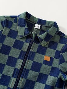 SHEIN Baby Boy Checkered Zipper Front Denim Jumpsuit - Multicolor - View 4