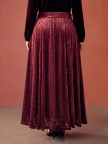 MOTF PREMIUM PLUS SIZE WOMEN'S AUTUMN/WINTER LEOPARD PRINT VELVET BELTED FLARED SKIRT - Burgundy - View 8