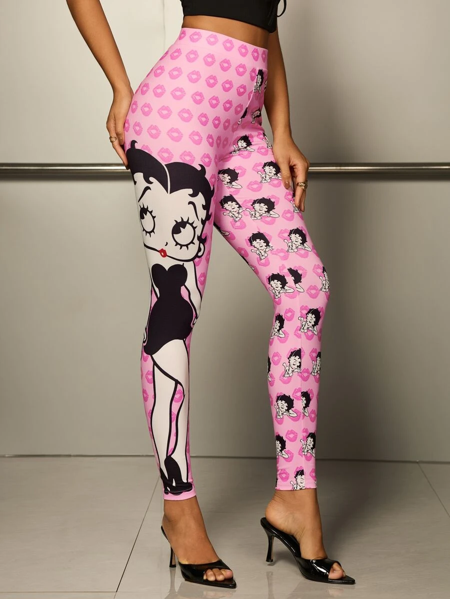 Betty Boop x SHEIN 女款 Betty Boop 卡通唇印圖案緊身褲 - 粉色 - 查看 1