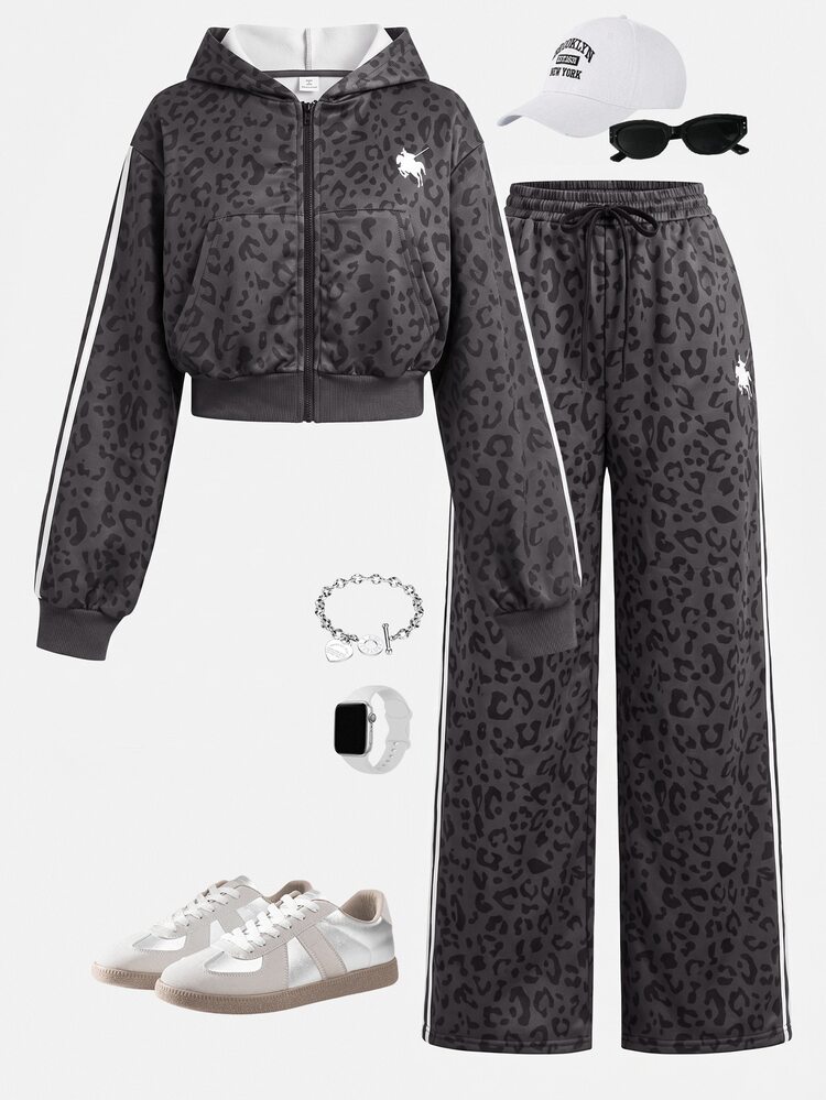 SHEIN Teen Girl Gray Hooded Two Pieces Set,Double-Zipper Autumn Jacket With Straight-Leg Loose Pants,Collegiate Style Suitable For Back To School, - Multicolor - View 1