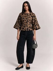 SHEIN BAE Animal Print Wool Fabric, Lantern Puff Sleeve Design, Elegant Fashion Versatile Elegant Jacket - Multicolor - View 3