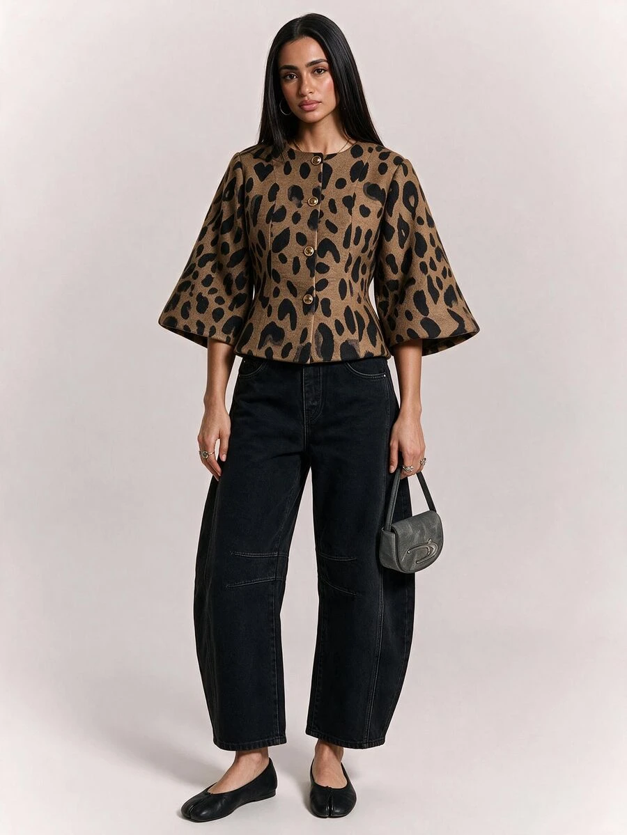 SHEIN BAE Animal Print Wool Fabric, Lantern Puff Sleeve Design, Elegant Fashion Versatile Elegant Jacket - Multicolor - View 1