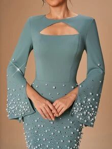 Serin Pearls Beaded Cut Out Front Trumpet Sleeve Mermaid Hem Mother Of The Bride Dress - Green - View 2