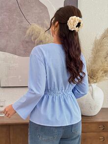 Lounesse Plus Size Women's Striped Casual Everyday Shirt - Blue and White - View 3