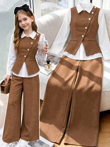 SHEIN Girls' Autumn/Spring Casual Fashion Simple V-Neck Sleeveless Belt Jacket Long-Sleeved White Shirt Loose Wide-Leg Straight-Leg Trousers Three-Piece Set - Brown - View 1