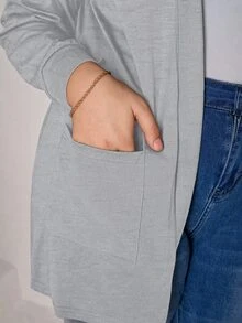 Chikora Plus Size Black Knit Pocket Loose Fit Cardigan With Pockets,Business Casual Woman Winter Fall Autumn - Grey - View 6
