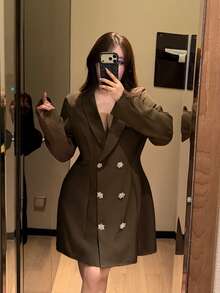 Vibekara Plus Size Women's Long Sleeve Fashion Napoleon Style Long Blazer - Brown - View 1