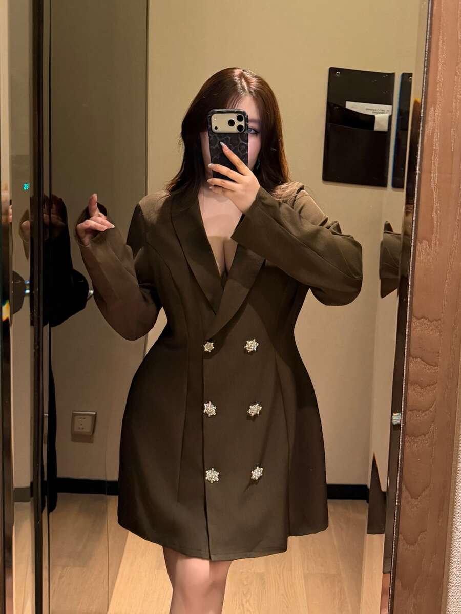Vibekara Plus Size Women's Long Sleeve Fashion Napoleon Style Long Blazer - Brown - View 1