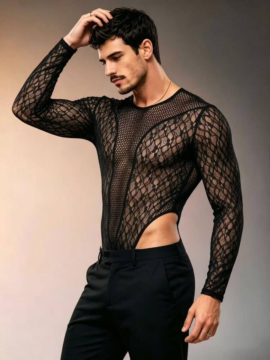 ZURIURI Jumpsuit thời trang nam phối ren xuyên thấu, lưới và lưới mắt cáo - màu đen - Xem 1