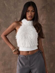SHEIN Unity White Knitted Frill Halterneck Top Style Outfits Evening Fall Autumn Winter Coolgirl - White - View 4