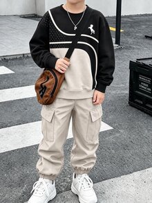 1套數位印花綠色上衣與綠色長褲，青少年男孩長袖運動衫與慢跑工裝褲套裝，休閒酷感 - 彩色 - 查看 1
