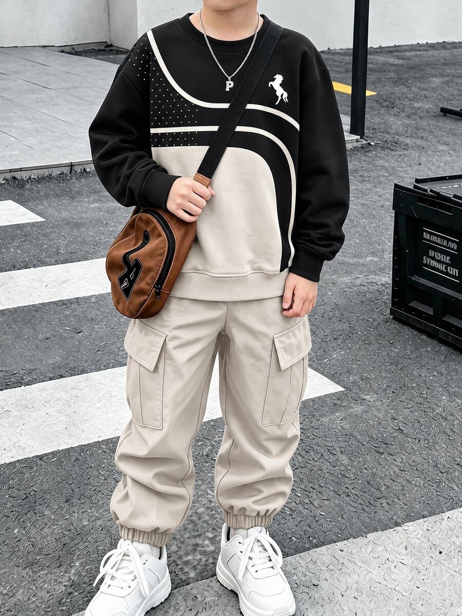 1套數位印花綠色上衣與綠色長褲,青少年男孩長袖運動衫與慢跑工裝褲套裝,休閒酷感 - 彩色 - 查看 1