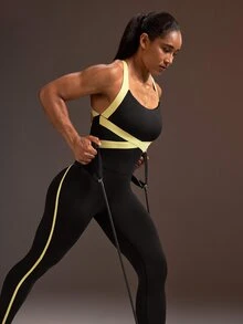 Powerista Women's Black Wide Strap Backless 9/10 Length Sports Tight Jumpsuit - Black - View 3
