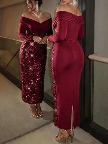 Firerie Plus Size Women Solid Color Off-Shoulder Long Sleeve Sequin Patchwork Fitted Elegant Glamorous Dress - Red - View 2