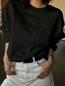 DAZY Áo thun nữ màu trắng cổ tròn tay dài thiết kế phối mảng đường kẻ dáng rộng phong cách tối giản thường ngày đa năng cho mùa hè - màu đen - Xem 1