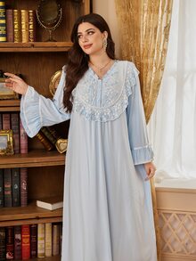 PalaceNights Embroidered Lace Loose Elegant Palace Style Plus Size Long Nightgown - Blue - View 1