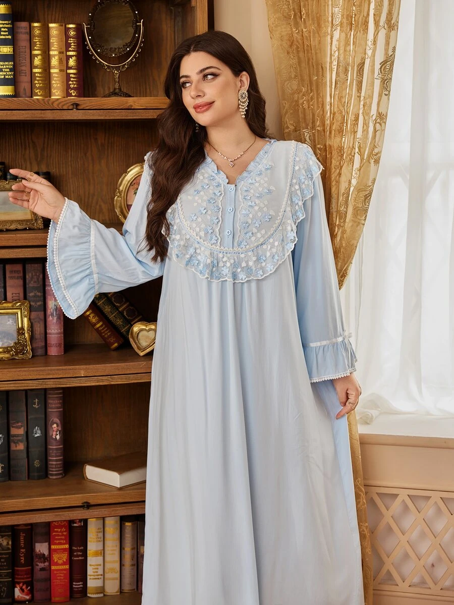 PalaceNights Embroidered Lace Loose Elegant Palace Style Plus Size Long Nightgown - Blue - View 1