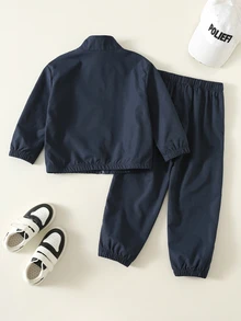 SHEIN 2件組小男孩秋冬休閒字母印花拉鍊外套與長褲運動套裝 - 彩色 - 查看 2