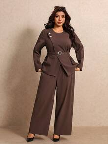 Elaquor Plus Size Women Solid Color Long Sleeve Top And Pants Casual Daily Suit Set - Rust Brown - View 4