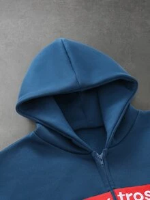 PAVTROS 男士時尚 Ins 風格短版寬鬆連帽拉鍊運動衫，針織面料，大廓形版型，街頭時尚，慵懶奢華，老錢風，戶外風，極簡風，時尚圖案發泡，百搭日常穿著，時尚穿搭，開學季，戶外，主題派對，最佳禮物，秋冬最佳搭配，萬聖節 - 藍色 - 查看 5