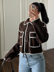 SHEIN EZwear 對比色短版夾克 秋季辦公室黑色優雅款 - 棕色 - 查看 3