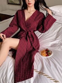 DAZY 女款格紋翻領寬鬆長款睡袍，夏季睡衣 - 紅色 - 查看 6