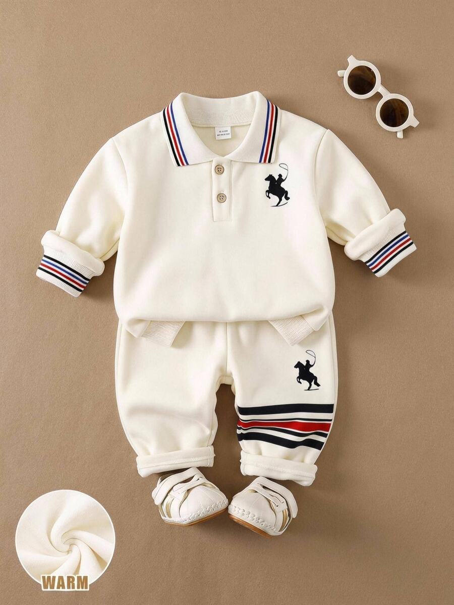 Cozy Pixies 男嬰馬刺繡對比飾邊 Polo 衫與運動長褲套裝 - 彩色 - 查看 1
