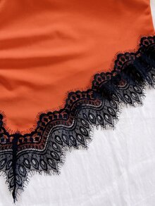 Soleia 不對稱綁帶單肩修身蕾絲拼接上衣，女款，適合約會、夜店、波希米亞風，黑色與米色，夏季，無胸墊 - 橘色 - 查看 7