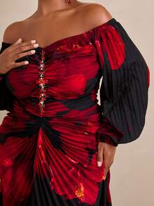 Travachic CURVE+ Red And Black Tie Dye One-Shoulder Long SleeveMaxi Dress, Pleated Ruched Body, Rhinestone Detail, Elegant Party Vacation Dress,Christmas Dress - Black - View 6