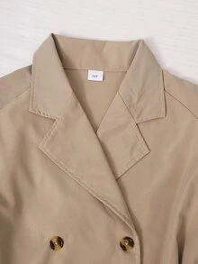 SHEIN 青少年女孩秋季服飾 卡其色百搭休閒鈕扣長袖夾克 適合週末外出、秋季、純色、極簡風、街頭風、短版 - 卡其色 - 查看 5