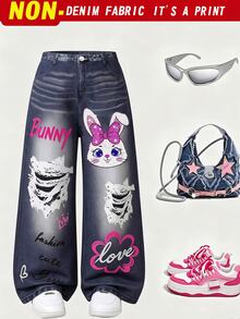 SHEIN 4-7歲女童丹寧風長褲，兔子、蝴蝶、字母印花設計，街頭風春/秋季 - 彩色 - 查看 1
