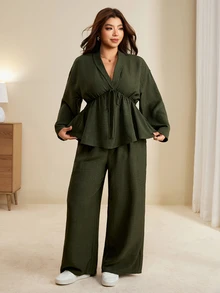Edennvi Plus Size Women Solid Color V-Neck Pleated Long Sleeve Top And Pants Casual Daily 2 Pieces Set - Army Green - View 3
