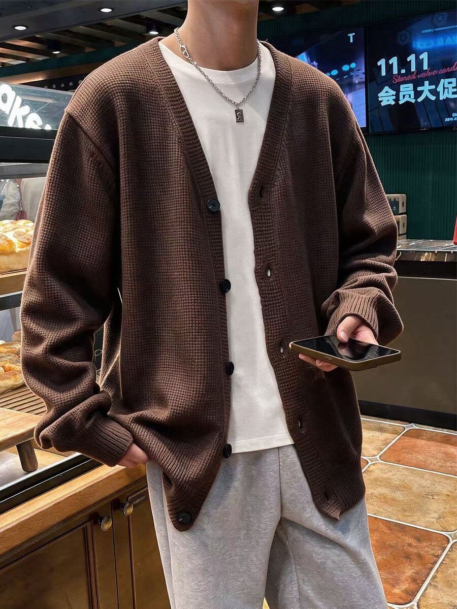 Claim Dot Men's Solid Color Single-Breasted Casual Everyday Cardigan, Fall/Winter, Long Sleeve Top - Coffee Brown - View 1