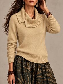 SHEIN Women's Casual Autumn/Winter High Neck Zipper Decor Loose Long Sleeve Knit Pullover - Champagne - View 6