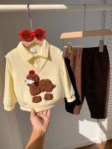 SHEIN 中性嬰兒男/女童、幼兒 2 件組秋冬抓絨內裡加厚可愛小狗貼布繡 2 合 1 運動衫套裝，嬰兒冬季套裝，聖誕節 - 黃色 - 查看 4