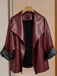 GlowEve CURVE 大尺碼女款休閒時尚百搭夾克外套，鈕扣袖口可捲起或長袖，附口袋，冬季款 - 酒紅色 - 查看 1