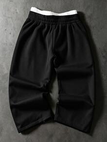 SHEIN 青少年男孩休閒舒適百搭拼色腰部直筒長褲 - 黑色 - 查看 2