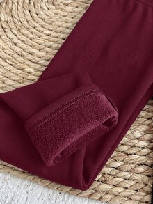 SHEIN 3件組少女純色修身休閒保暖內搭褲套裝，保暖長褲包裝 - 酒紅色 - 查看 4
