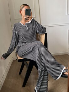 DAZY طقم ملابس نوم نسائي 2 قطعة/مجموعة، تي شيرت فضفاض بأكمام طويلة مع دانتيل وتصميم مخطط ومرقع، وبنطلون بيجامة طويل بقصة مستقيمة - رمادي غامق - مشاهدة 3