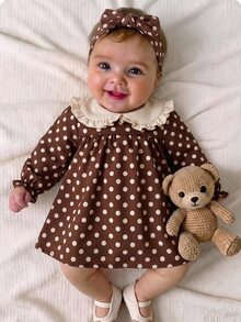 SHEIN Newborn Vintage Brown Plaid Dress With White Lace Peter Pan Collar And Ruffle Cuffs - Multicolor - View 3