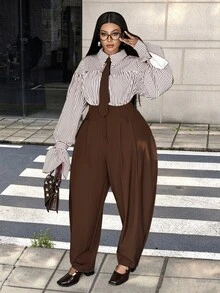Maweii French Style Commuter Striped Lantern Sleeve Cinched Waist Wide Leg Jumpsuit - Brown - View 1
