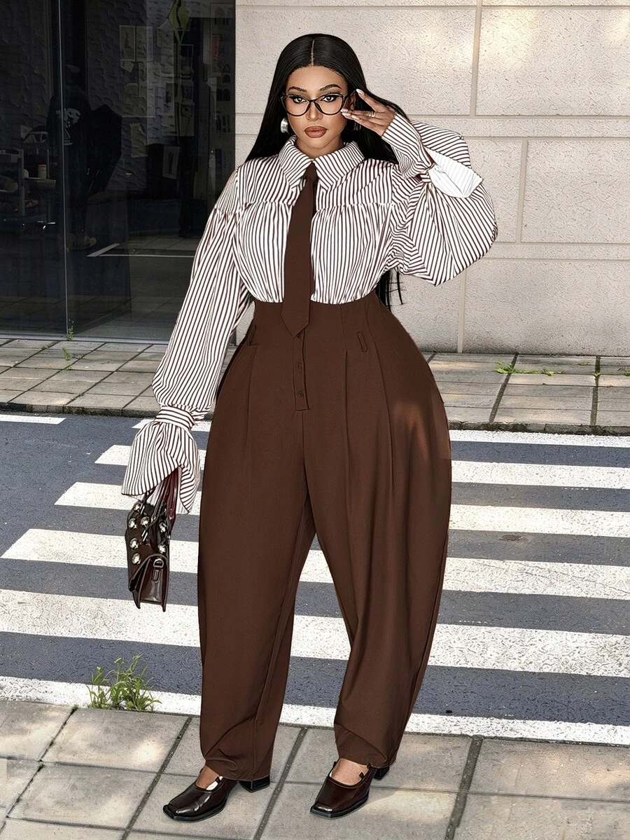 Maweii French Style Commuter Striped Lantern Sleeve Cinched Waist Wide Leg Jumpsuit - Brown - View 1