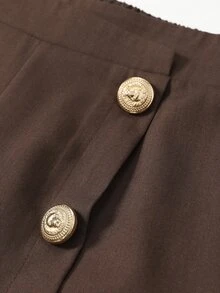 Linhara CURVE Ladies' Plus-Size Solid Brown High-Waisted Flare Pants, Elegant Wide-Leg Trousers With Gold Button Decor And Front Slit, Retro Slimming Flare Pants, V - Rust Brown - View 4