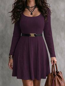 Ceyna Plus Ribbed Knit Scoop Neck Dress Without Belt Fall Cloth For Women Cocktail Party Elegant - Purple - View 3