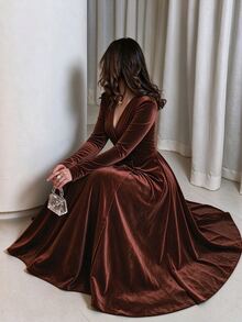 Elenzga Minimalist Elegant Women's Long Dress, Soft Drape Fit, Daily Commute Slimming Dress - Brown - View 2
