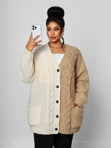 Maweii Plus Women's Sweater Cardigan, Coat, Drawstring, Contrasting Color, Pocket, Loose Fit,Autumn/Winter - Multicolor - View 5