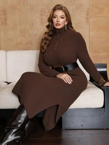 Roveilla Plus Size Sweater Dresses - Camel - View 6
