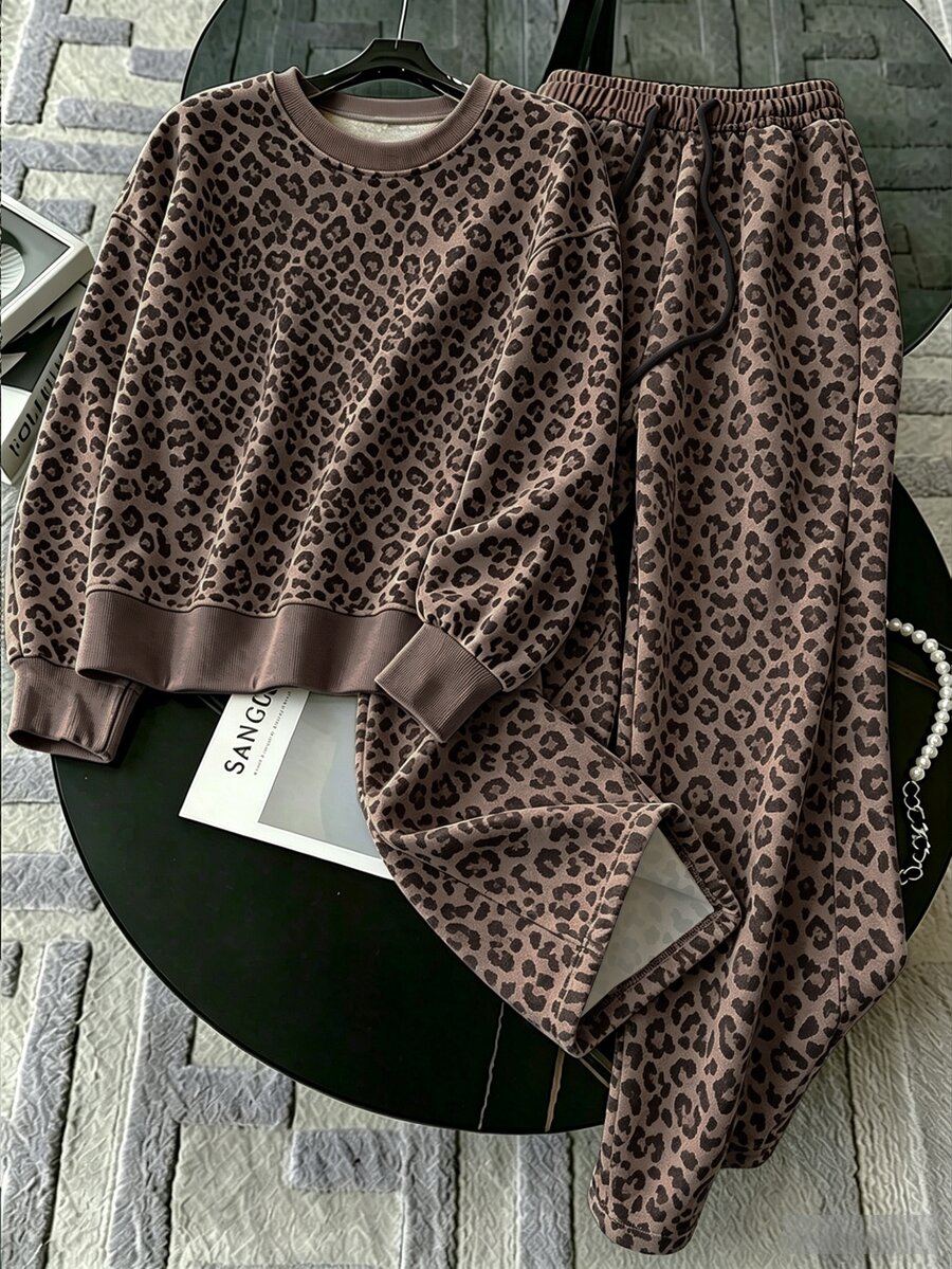Resyla Women's Plus-Size Set, Leopard Print Pattern, Round-Neck Sweatshirt And Loose Pants, Comfortable Indoor Loungewear, Sexy And Hot-Selling Women's Set - Multicolor - View 1